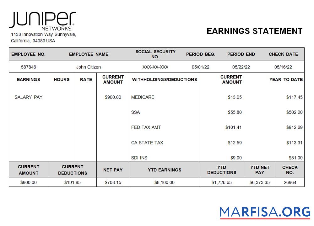 Printable USA Juniper networking company pay stub sample